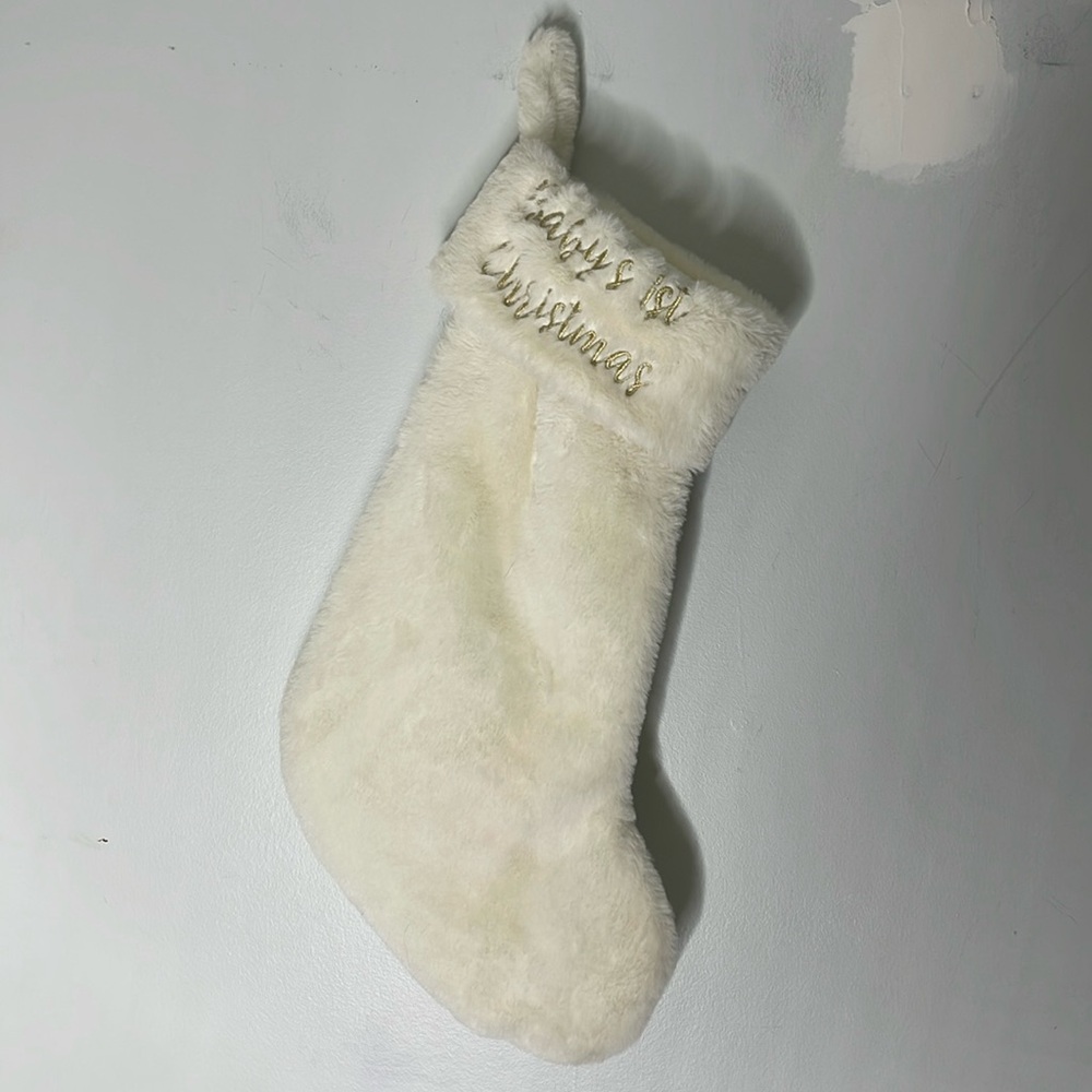 Faux Fur Cream and Gold Embroidered "Baby's 1st Christmas" Stocking Christmas